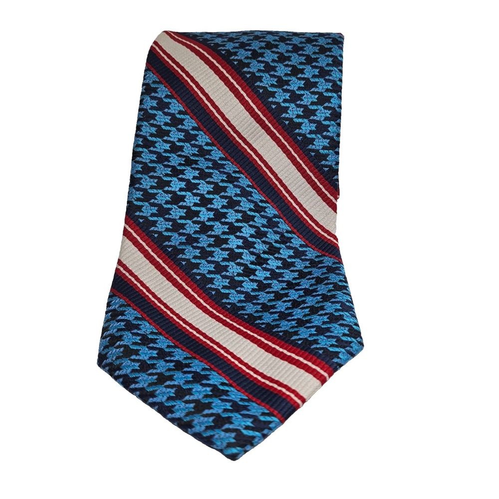 Vintage Houndstooth Diagonal Striped Trevira Tie Red White Blue Bold Fun Preppy